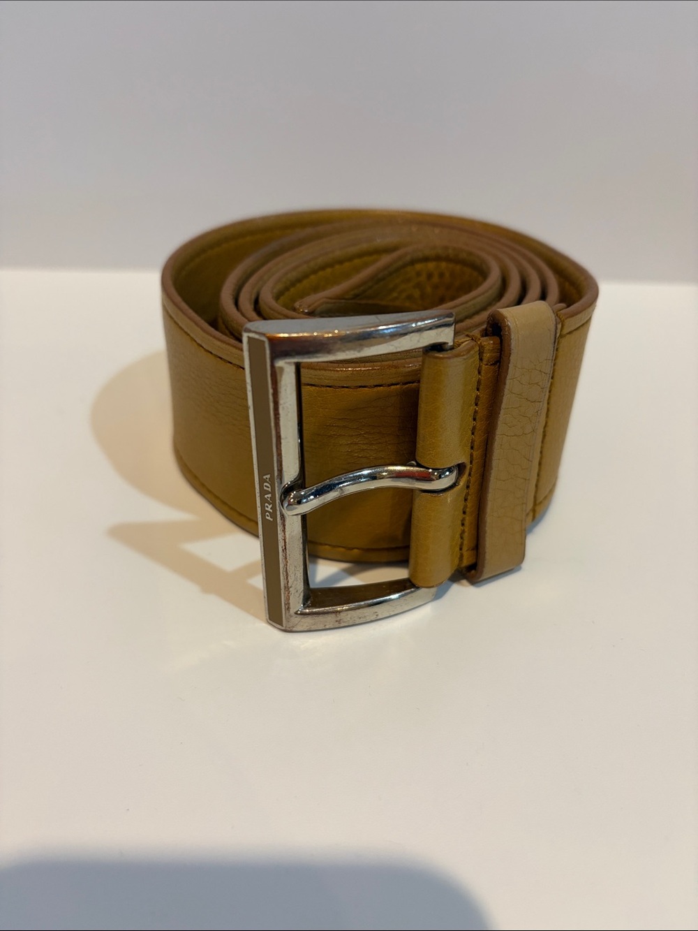 Vintage Prada Women’s Tan Leather Belt with Silver Buckle